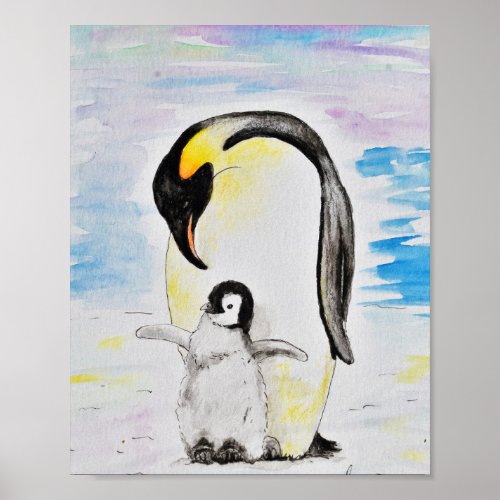 Emperor Penguin and Chick Watercolor Painting Poster