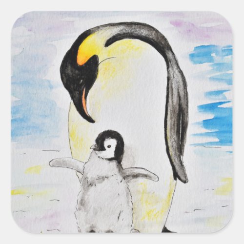 Emperor Penguin and Chick Watercolor Painting Square Sticker