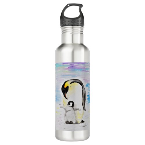 Emperor Penguin and Chick Watercolor Painting Stainless Steel Water Bottle