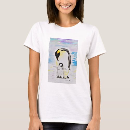 Emperor Penguin and Chick Watercolor Painting T_Shirt