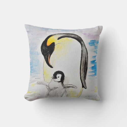 Emperor Penguin and Chick Watercolor Painting Throw Pillow