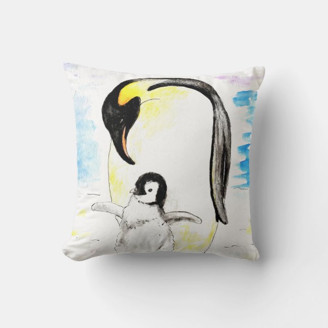Emperor Penguin and Chick Watercolor Painting Throw Pillow (Front)