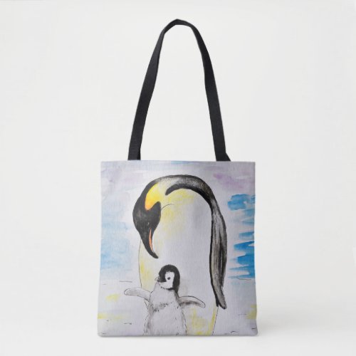 Emperor Penguin and Chick Watercolor Painting Tote Bag