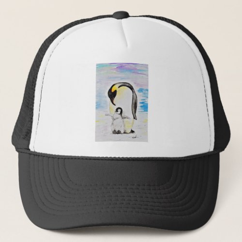 Emperor Penguin and Chick Watercolor Painting Trucker Hat