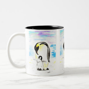 Emperor Penguin and Chick Watercolor Painting Two-Tone Coffee Mug