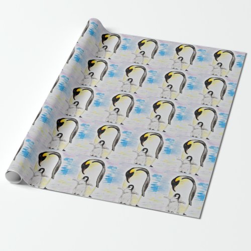 Emperor Penguin and Chick Watercolor Painting Wrapping Paper
