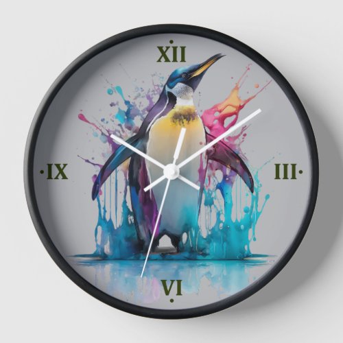 Emperor penguin in colorful splashes clock