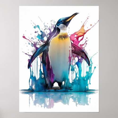 Emperor penguin in colorful splashes poster
