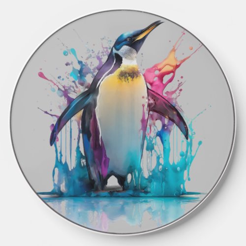 Emperor penguin in colorful splashes wireless charger 