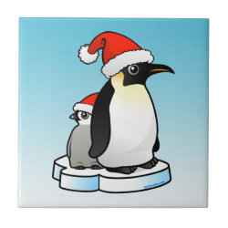 Santa Emperor Penguin with Chick Small Ceremic Tile (4.25