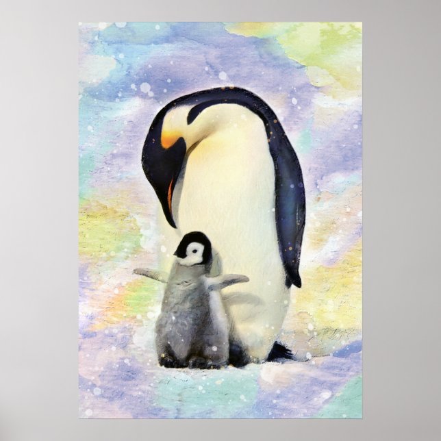 Emperor Penguin with Baby Chick Watercolor Art Poster (Front)
