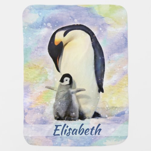 Emperor Penguin with Baby Chick Watercolor Baby Blanket
