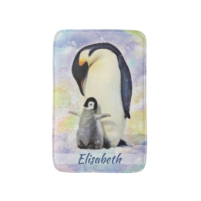 Emperor Penguin with Baby Chick Watercolor Bath Mat (Front Vertical)