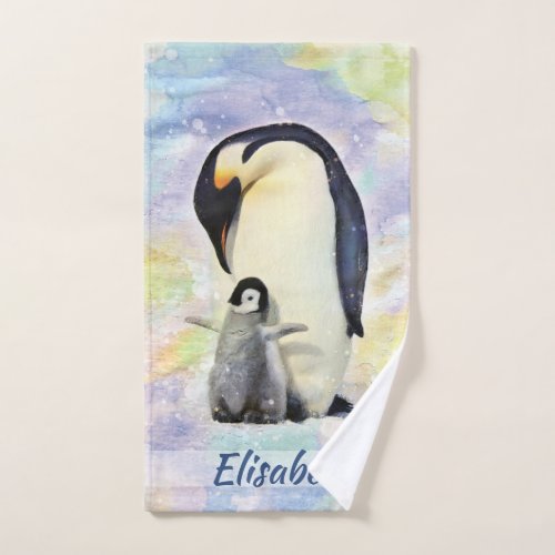 Emperor Penguin with Baby Chick Watercolor Bath Towel Set