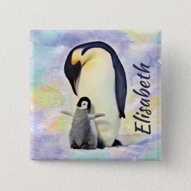 Emperor Penguin with Baby Chick Watercolor Button (Front)