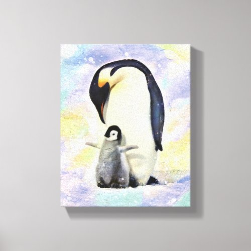Emperor Penguin with Baby Chick Watercolor Canvas Print