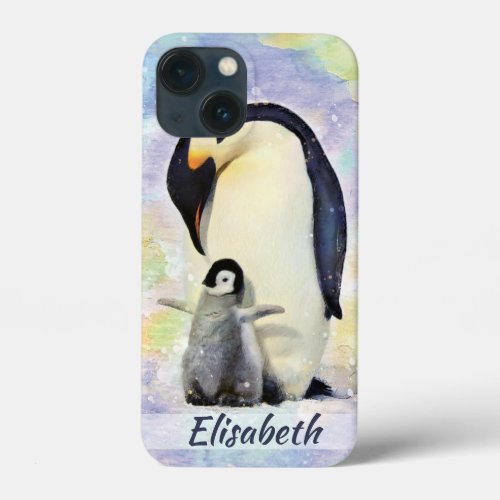 Emperor Penguin with Baby Chick Watercolor iPhone 13 Mini Case
