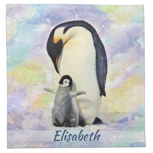 Emperor Penguin with Baby Chick Watercolor Cloth Napkin