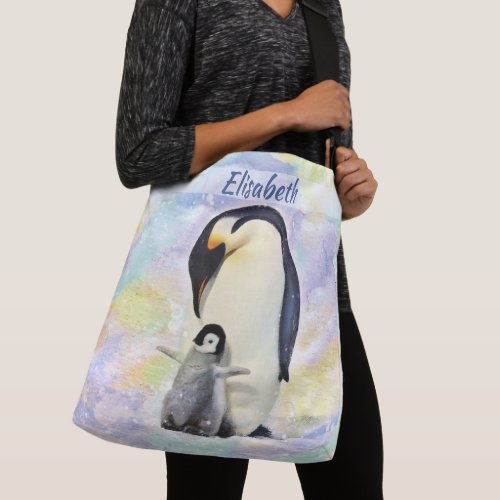 Emperor Penguin with Baby Chick Watercolor Crossbody Bag