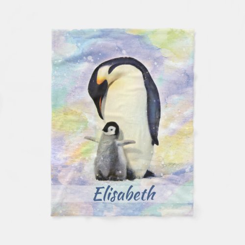 Emperor Penguin with Baby Chick Watercolor Fleece Blanket