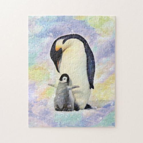 Emperor Penguin with Baby Chick Watercolor Jigsaw Puzzle