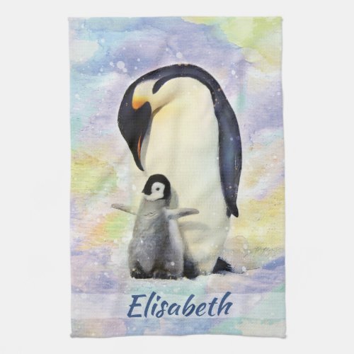 Emperor Penguin with Baby Chick Watercolor Kitchen Towel