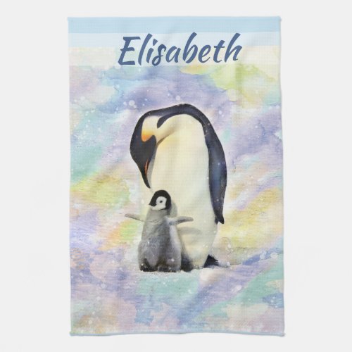 Emperor Penguin with Baby Chick Watercolor Kitchen Towel