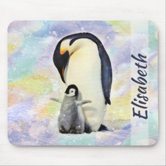 Emperor Penguin with Baby Chick Watercolor Mouse Pad