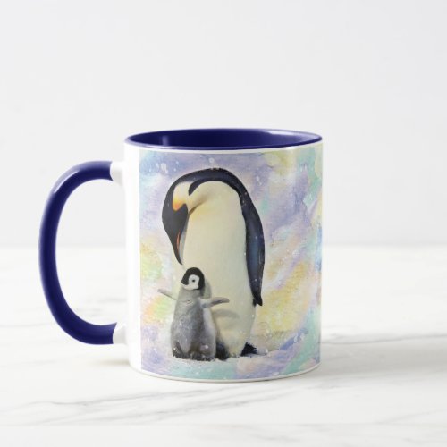 Emperor Penguin with Baby Chick Watercolor Mug