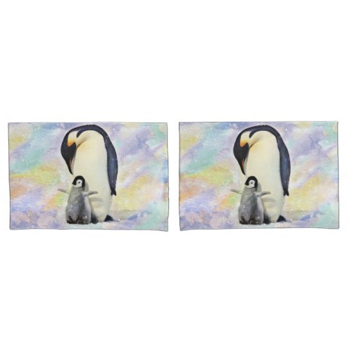 Emperor Penguin with Baby Chick Watercolor Pair Pillow Case