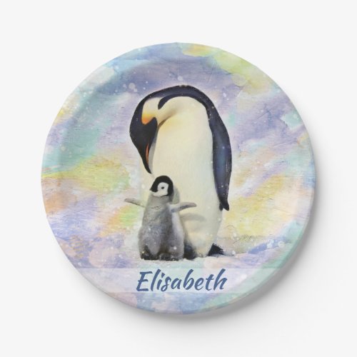 Emperor Penguin with Baby Chick Watercolor Paper Plates