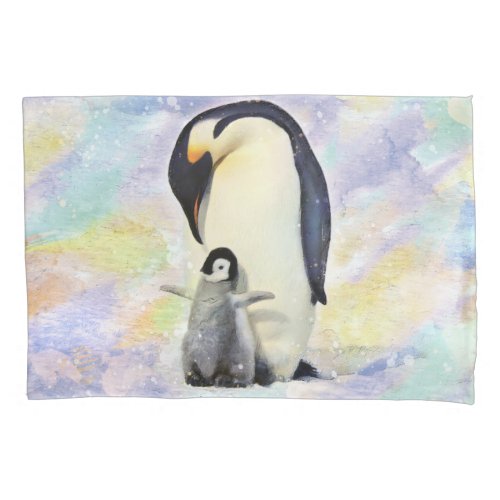 Emperor Penguin with Baby Chick Watercolor Pillow Case