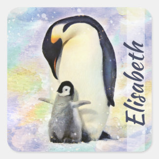 Emperor Penguin with Baby Chick Watercolor Square Sticker