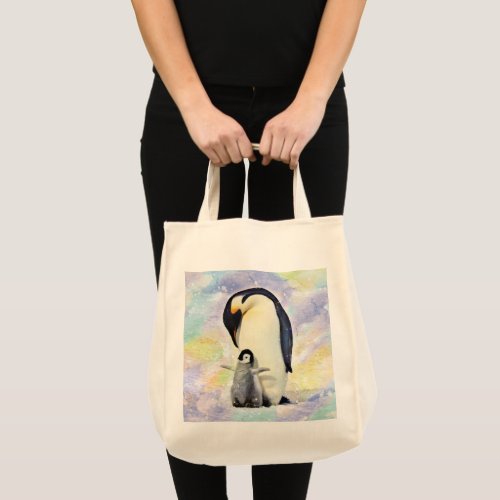Emperor Penguin with Baby Chick Watercolor Tote Bag