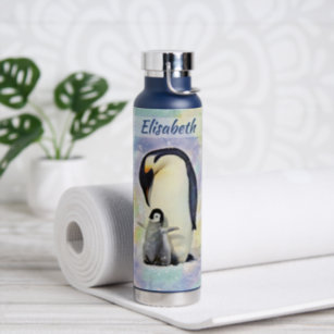 Emperor Penguin with Baby Chick Watercolor Water Bottle