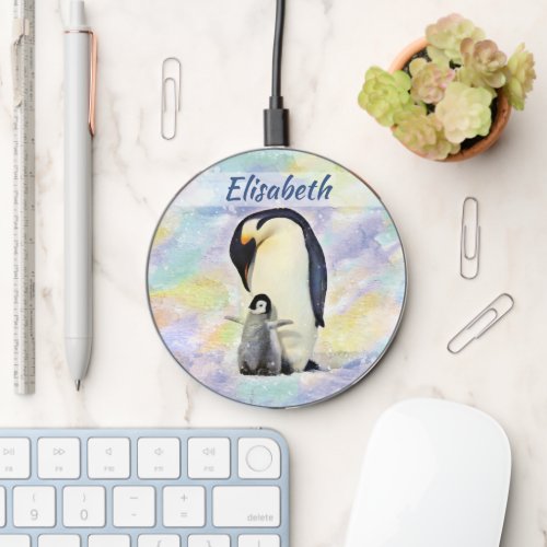 Emperor Penguin with Baby Chick Watercolor Wireless Charger