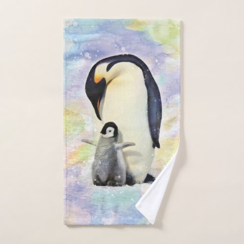 Emperor Penguin with Baby Watercolor Hand Towel