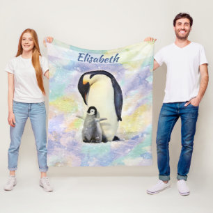 Emperor Penguin with Baby Watercolor Personalized Fleece Blanket