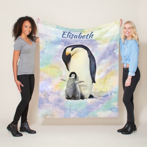 Emperor Penguin with Baby Watercolor Personalized Fleece Blanket