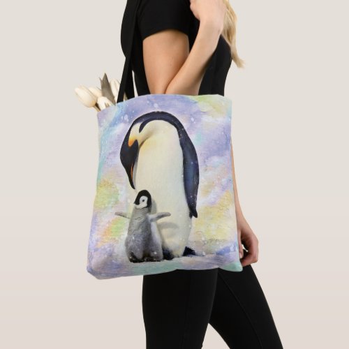 Emperor Penguin with Baby Watercolor Tote Bag