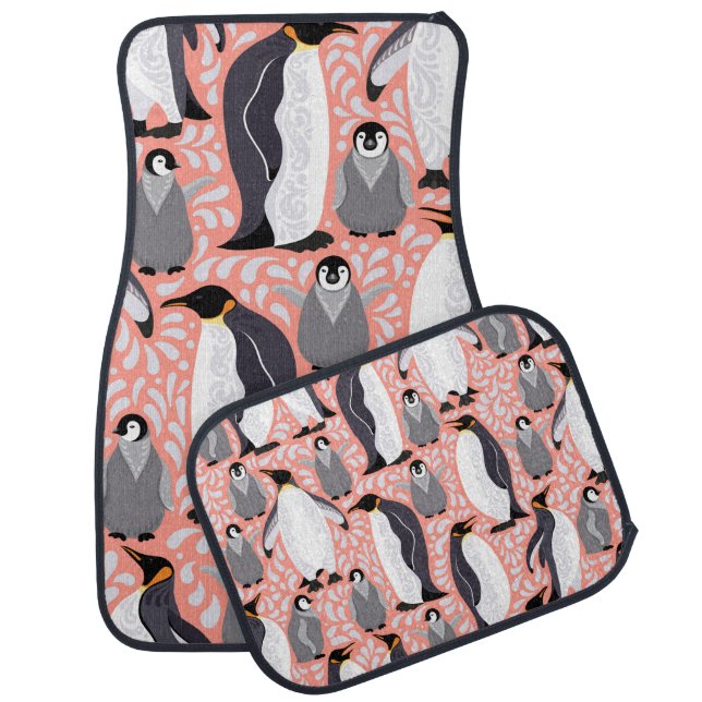 Emperor penguins and their cubs on a pink patterne car floor mat (Set)