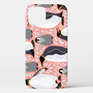 Emperor penguins, cubs, pink decorative pattern. iPhone 12 case