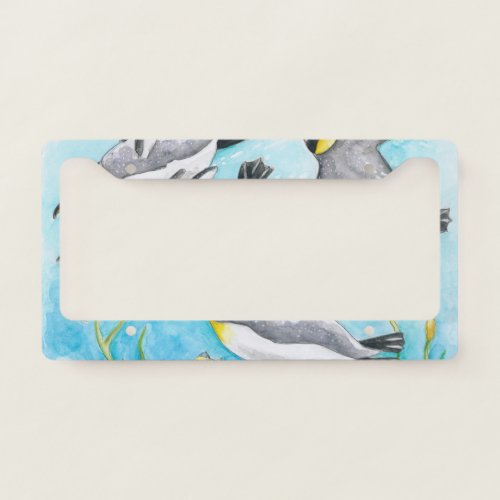 Emperors Penguins Swimming Watercolor License Plate Frame