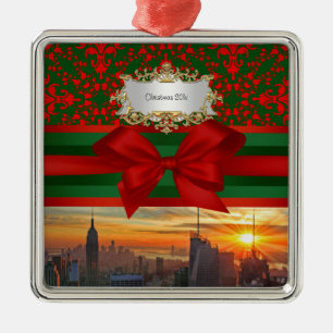 Empire St Bldg Sunset NYC Red Green Damask Xmas #2 Metal Ornament