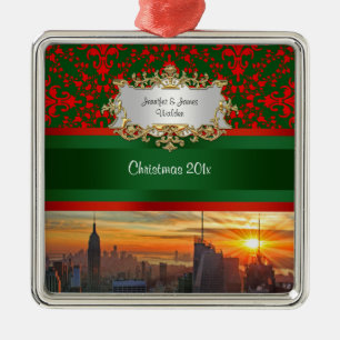 Empire St Bldg Sunset NYC Red Green Damask Xmas Metal Ornament