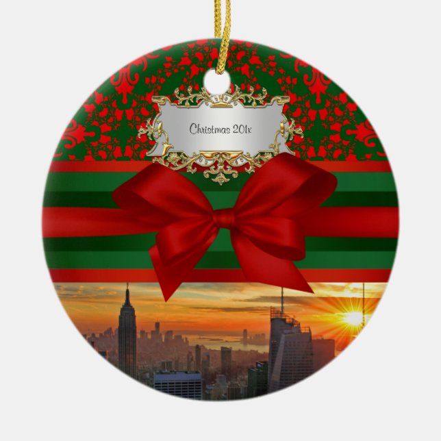 Empire St Bldg Sunset NYC Red Grn Damask Xmas #2R Ceramic Ornament (Front)
