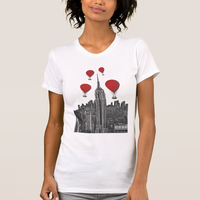 Empire State Building and Red Hot Air Balloons T-Shirt (Front)