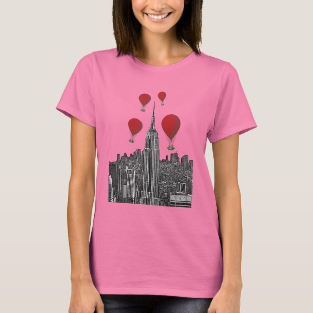 Empire State Building and Red Hot Air Balloons T-Shirt (Front)