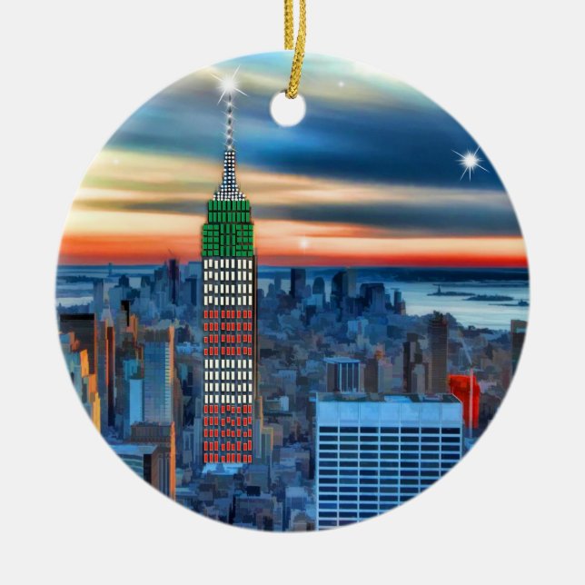 Empire State Building in Holiday Lights Ceramic Ornament (Front)