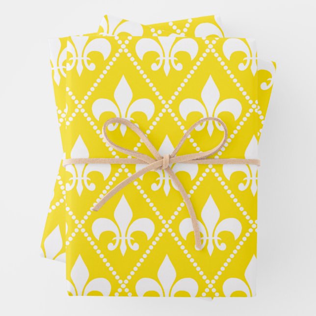 Empire Yellow Fleur de Lis Wrapping Paper Sheets (In situ)